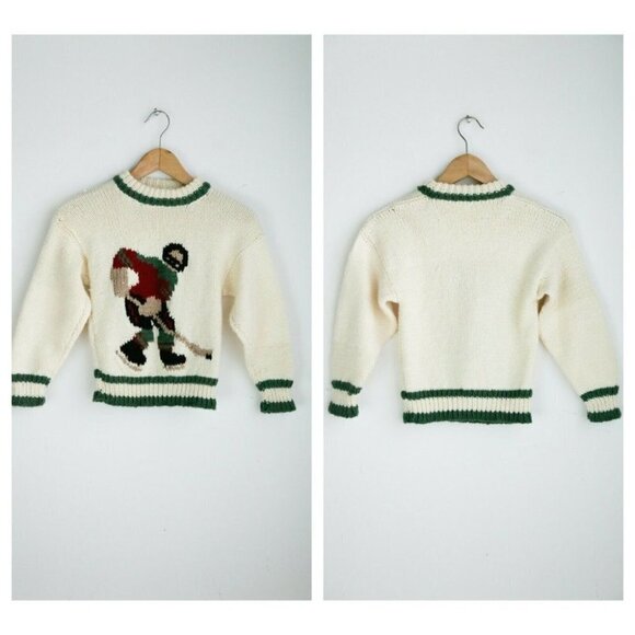 Vintage Handmade Hockey Motif Ivory Long Sleeve Pullover  Boys - Picture 1 of 6